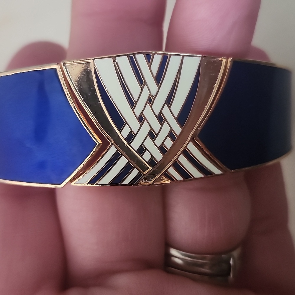 Enamel Art Deco Blue & Goldtone Bangle Bracelet Marked Dami Ls View 6